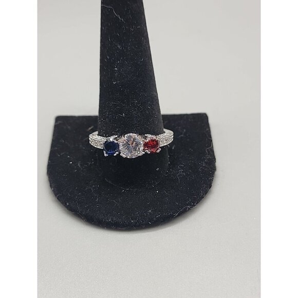 10k Patriotic Gemstone Ring Ladies SZ 12 White Gold Garnet Cubic Zirconia Iolite - Picture 7 of 16